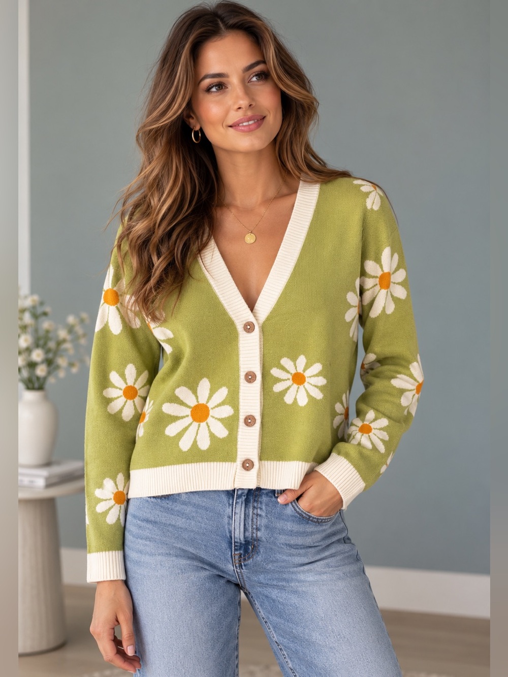 UNGEE Viscose Daisy Knit Button-Front Cardigan Sweater - Green size small